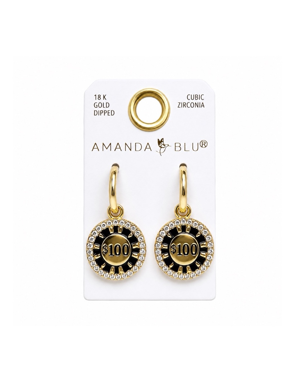 New Amanda Blu $100 Poker Chip Black Cubic Zirconia 18K Dipped Gold Earrings